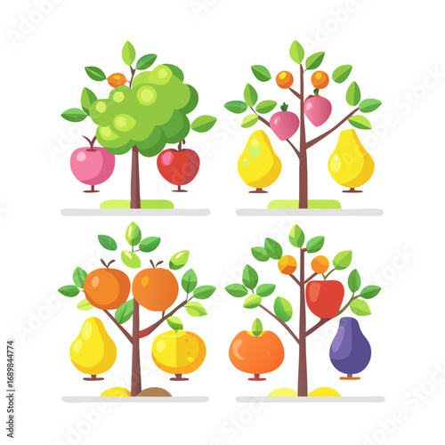 Collection of Stylized Fruit Trees Featuring Apples Pears Lemons Oranges and Plums on Transparent Background for Design
