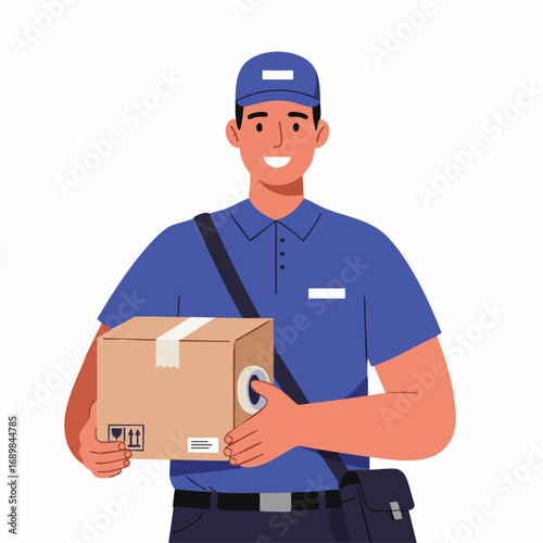 Happy delivery man holding a cardboard box, illustrating the concept of express shipping and e-commerce logistics with a professional courier