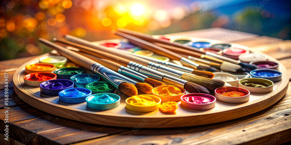 Obraz premium A vibrant wooden artist's palette filled with a spectrum of colorful paints and brushes, set against a warm, blurred outdoor background during sunset