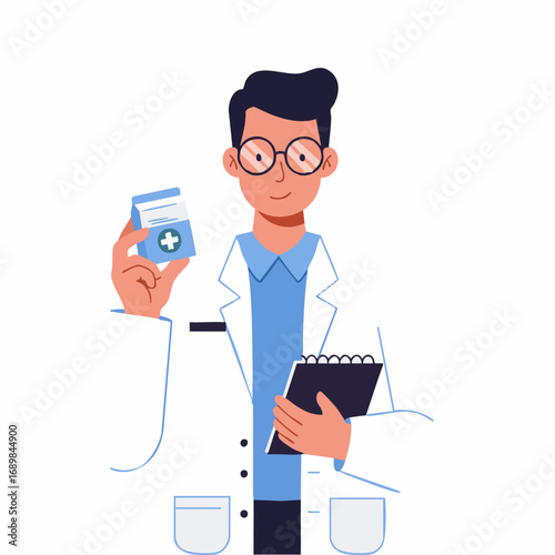 A young male doctor or pharmacist character in a white coat holding a bottle of pills and a clipboard, illustrating medical advice and healthcare services