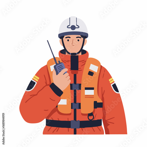 Professional rescuer in an orange life jacket and white helmet, communicating via a walkie-talkie for an emergency response mission
