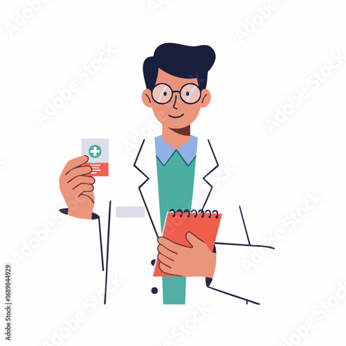 Friendly cartoon doctor in a white coat holding a box of medicine and a clipboard, representing medical advice and healthcare services