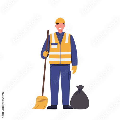 Cheerful public utility worker character. Vector illustration of a male janitor or street sweeper in a safety vest holding a broom, representing cleaning and maintenance services