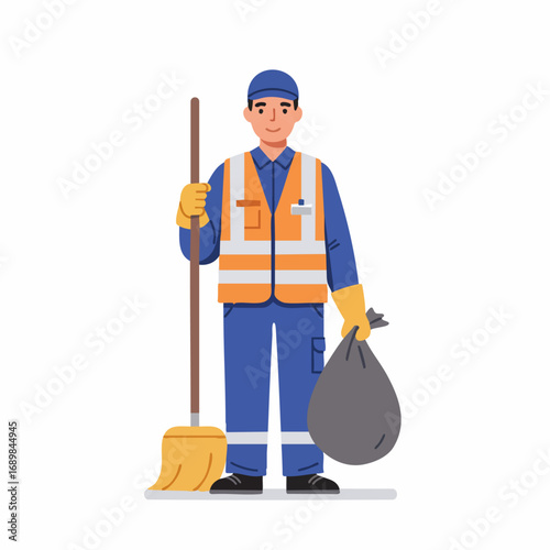 Sanitation worker holding a broom and garbage bag, dressed in workwear with a safety vest