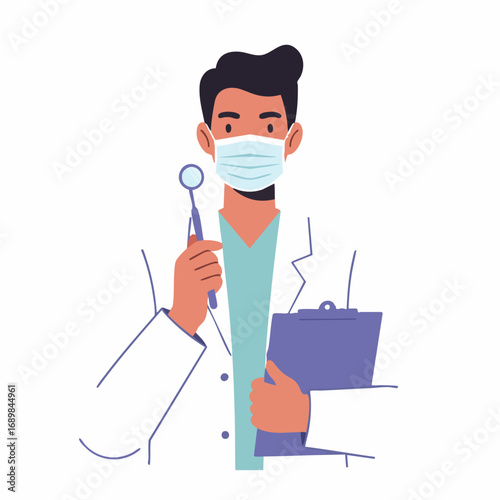 Professional male dentist character in a face mask holding a dental mirror and clipboard, representing modern oral healthcare and clinic services