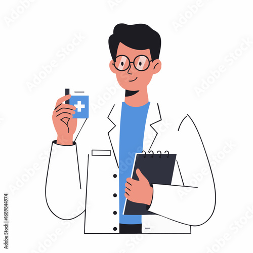 Illustrated friendly male doctor in a white lab coat holding a clipboard and a box of medicine, representing healthcare and medical consultation