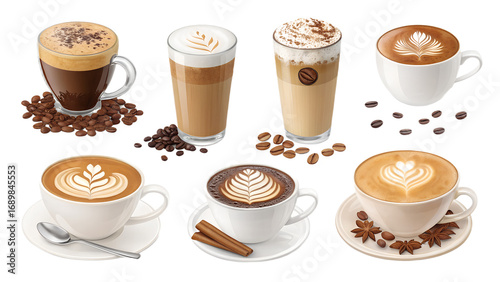 Coffee and cappuccino PNG set –  realistic coffee drinks, latte art, isolated transparent background