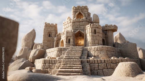 Majestic Sandstone Castle with Towering Structures and Imposing Staircase Under Cloudy Sky