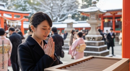 元日に初詣で祈願している日本人女性
