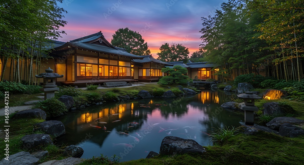 Naklejka premium A serene Japanese garden features a traditional building reflected in a tranquil pond at dusk, surrounded by lush greenery.