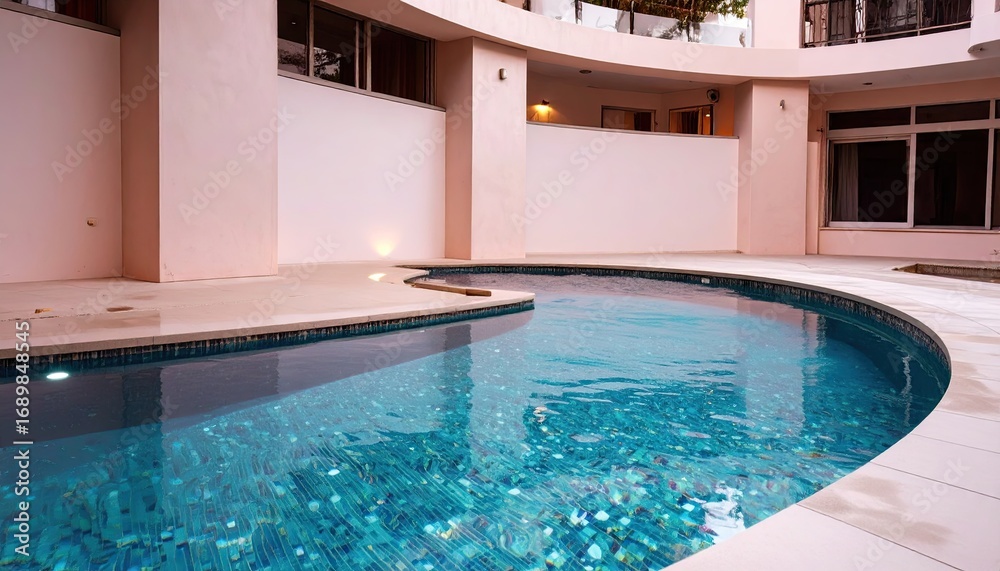 Fototapeta premium Curved Pool with Blue Tile and Pastel Walls