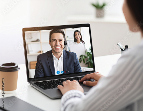 People on video conference call displayed on laptop screen, remote work style
