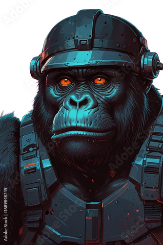 Soldier Gorilla Using Armor and Helmet, Close Up View, White Background