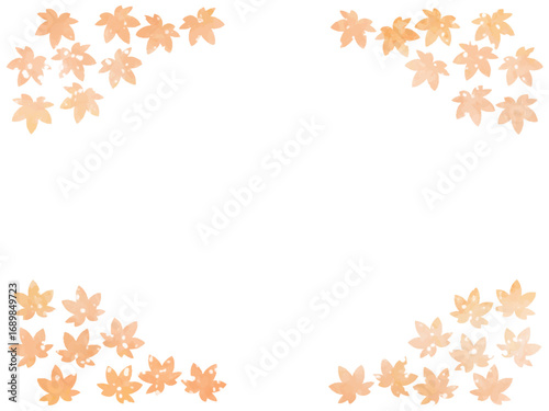 モミジの紅葉イメージの背景素材。水彩風テクスチャー。葉っぱのシルエット。やさしい色調。光の粒子や水滴の輝き。コーナータイプ。