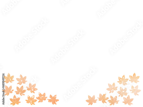 モミジの紅葉イメージの背景素材。水彩風テクスチャー。葉っぱのシルエット。やさしい色調。光の粒子や水滴の輝き。コーナータイプ。