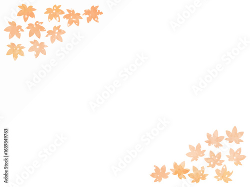 モミジの紅葉イメージの背景素材。水彩風テクスチャー。葉っぱのシルエット。やさしい色調。光の粒子や水滴の輝き。コーナータイプ。