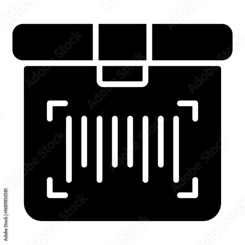 Barcode on box icon. Package tracking symbol. Shipping label and logistics identification collection. Glyph Icon