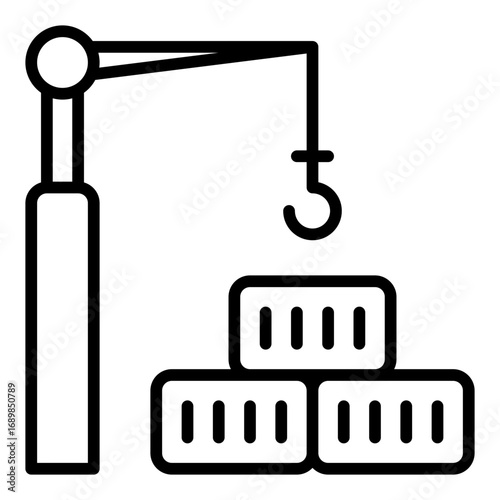 Crane loading container icon. Port crane symbol. Heavy cargo and shipping logistics collection. Line Icon