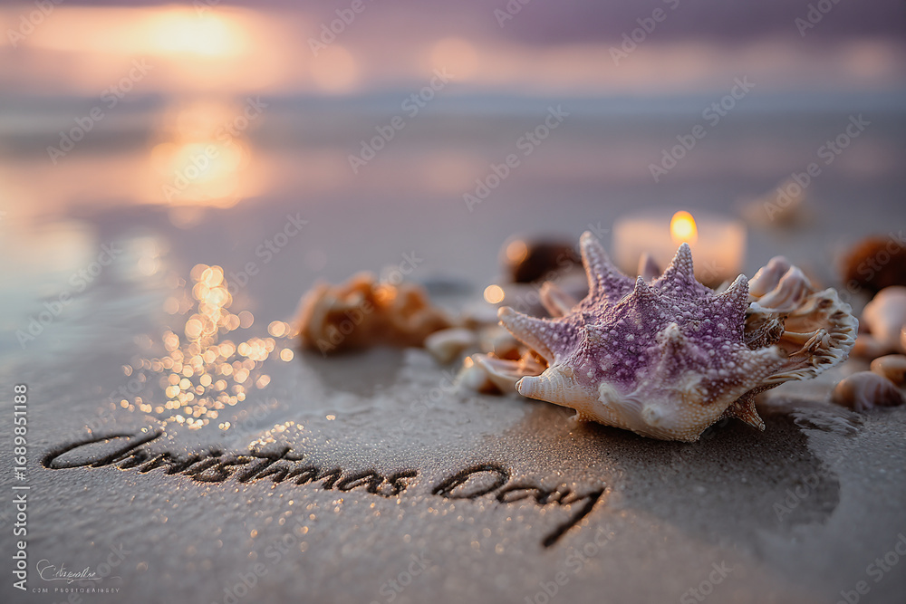 Obraz premium Christmas Day Handwritten in Smooth Pale Sand with Seashell Nearby