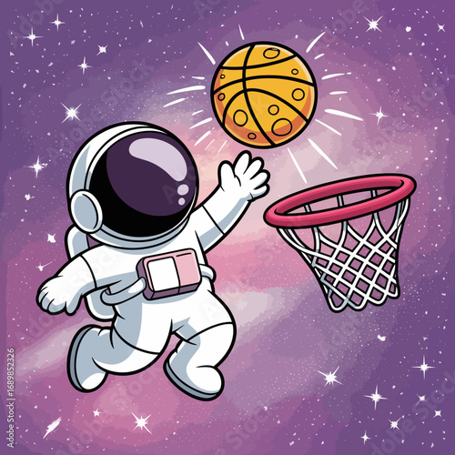 An imaginative depiction of an astronaut leaping to dunk a basketball into a cosmic hoop, symbolizing sportsmanship amidst the vastness of outer space.