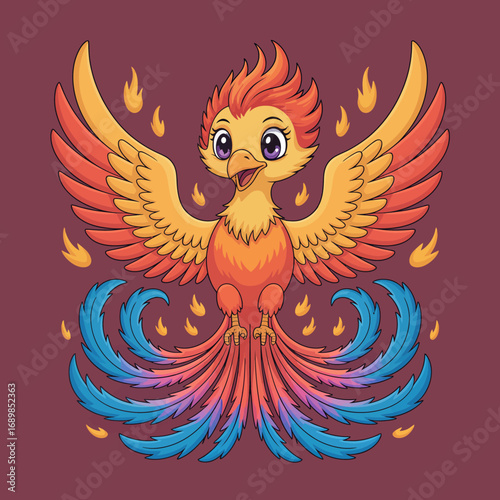 A beautifully illustrated phoenix bird rising with colorful flames, symbolizing rebirth, strength, and vibrant energy in a creative artistic style.