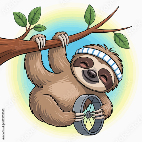This cute sloth, relaxed and smiling as it enjoys a tree branch, captures a feeling of tranquility and leisure, making it a heartwarming representation of slow living and happiness.