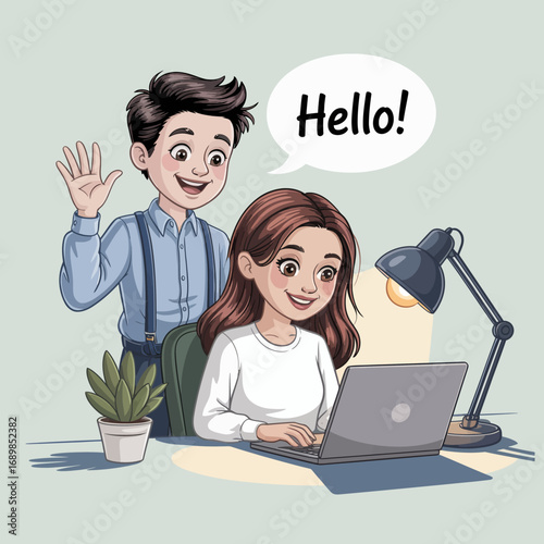 A friendly interaction captures a girl focused on her laptop, while her companion enthusiastically greets her, highlighting collaboration and connection through technology.
