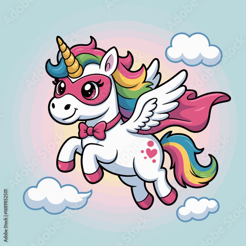 This enchanting illustration features a charming unicorn soaring through fluffy clouds, embodying fantasy, joy, and the magic of imagination in a vibrant design.