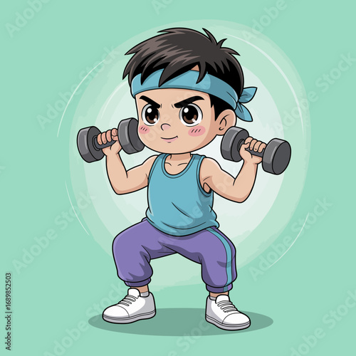 A young boy enthusiastically lifts dumbbells, showcasing his determination and strength. His focused expression inspires motivation, fitness, and the importance of physical activities.