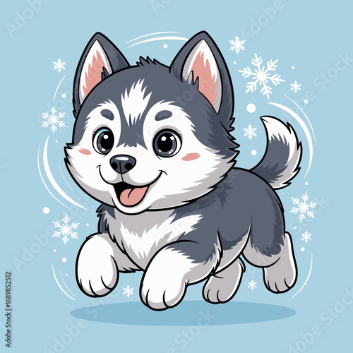 A playful puppy joyfully runs through a snowy landscape, capturing the essence of winter fun and the delightful spirit of pets in a vibrant and cheerful manner.