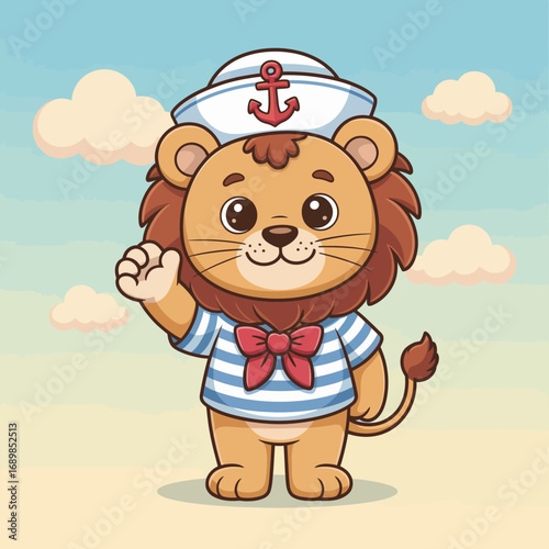 This adorable lion in a sailor outfit waves cheerfully against a backdrop of fluffy clouds, embodying adventure and playfulness in a whimsical atmosphere.