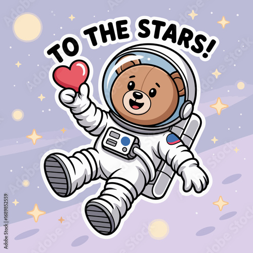 This adorable bear character, dressed as an astronaut, holds a heart and looks joyfully into space, radiating positivity and love among the stars.