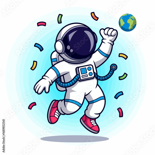 A joyful astronaut is soaring through space, surrounded by colorful confetti with the Earth planet visible behind, symbolizing celebration and exploration beyond our planet.
