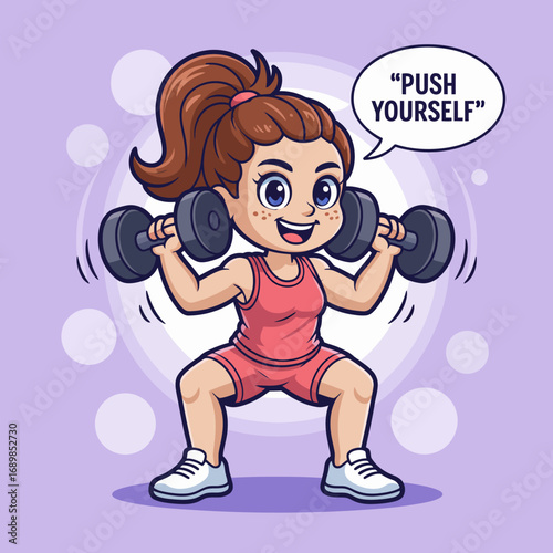 A cheerful girl enthusiastically lifts dumbbells while encouraging self-improvement, emphasizing motivation, strength, and positivity in her workout routine.