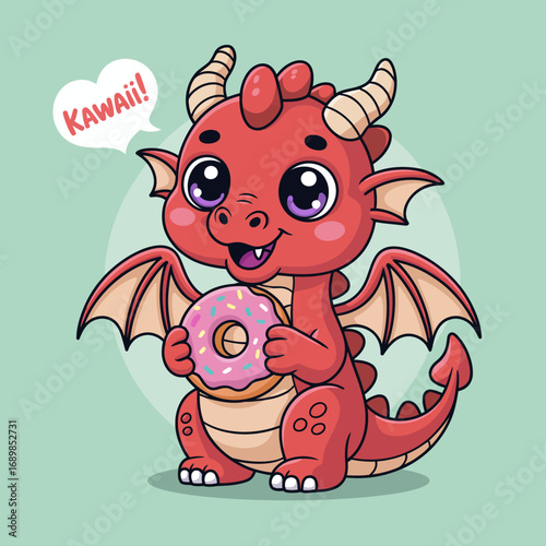 This lovable dragon holding a donut is bursting with cuteness, embodying themes of sweetness, fantasy, joy, and the delightful blend of whimsical creatures with tasty treats.