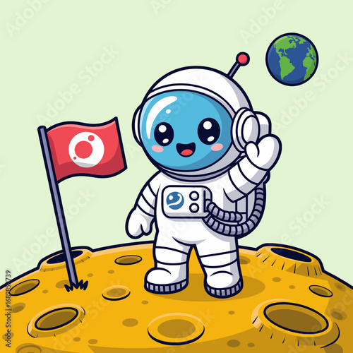 A cheerful astronaut stands on the moon, proudly holding a flag, symbolizing exploration and the excitement of discovering new worlds beyond our planet.