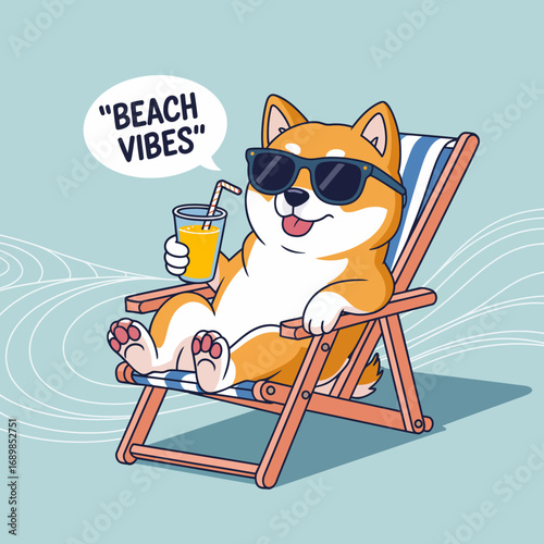 A relaxed dog lounging in sunglasses on a beach chair, enjoying a refreshing drink, perfectly embodying the ultimate laid-back beach vibes and summer fun.
