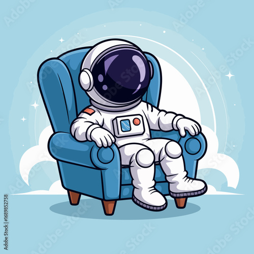 This illustration features a relaxed astronaut sitting comfortably in a cozy chair, represents leisure and tranquility, while blending space themes with everyday moments in life.
