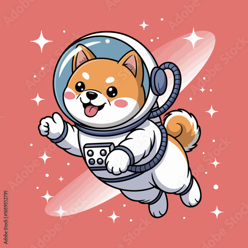 Cheerful Shiba Inu in an astronaut suit joyfully floats in outer space, capturing the spirit of adventure, exploration, and the whimsical charm of a space-faring pet.