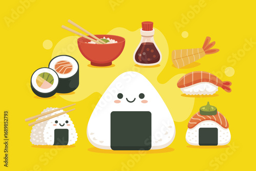 This playful illustration features adorable sushi items and onigiri characters, bringing a fun and vibrant representation of Japanese cuisine, perfect for food lovers.