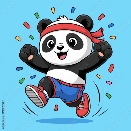 This adorable panda character is happily celebrating in its colorful sports outfit with a cheerful expression, showcasing an energetic and playful spirit, perfect for kids' themes.