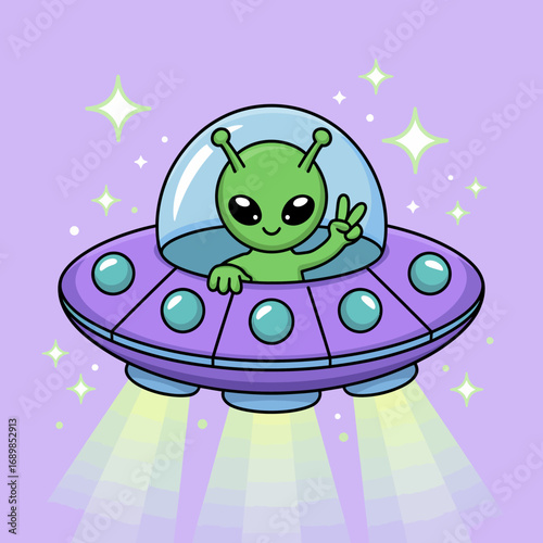 A charming green alien character waves with a peace sign from its colorful flying saucer, surrounded by sparkling stars in a fun, pastel-themed illustration.