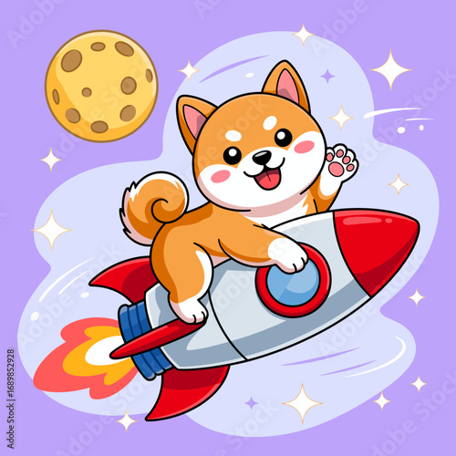 This joyful dog rides a rocket through space, showcasing a blend of playfulness and imagination, perfect for aspiring small adventurers dreaming of cosmic journeys.