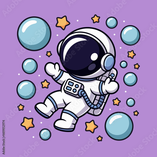 An adorable astronaut floats playfully in space surrounded by bubbles and twinkling stars, embodying joy and freedom while capturing the essence of adventure in a fun atmosphere.
