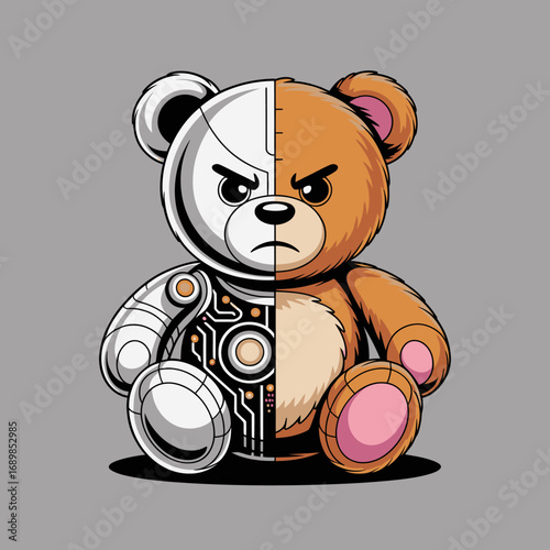 A fascinating bear design combines soft teddy bear elements with robotic features, representing the intriguing blend of childhood innocence and futuristic technology.