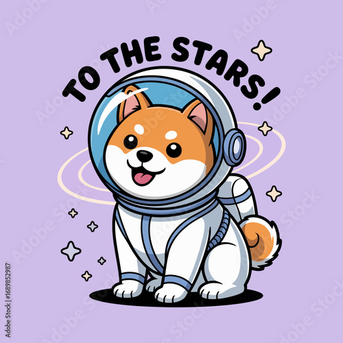 A cute Shiba Inu wearing an astronaut suit eagerly looks up, ready for an adventure among the stars, encapsulating joy, curiosity, and the spirit of exploration in a colorful design.