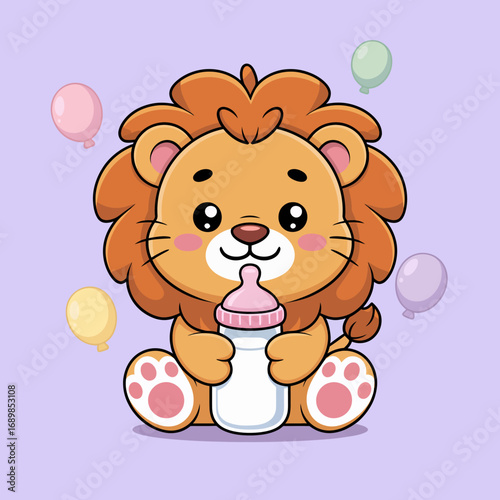 A cute baby lion sits happily holding a bottle, surrounded by colorful balloons, representing the joy and innocence of childhood celebrations and playful moments.