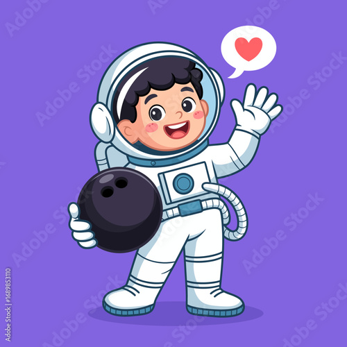A cheerful child dressed as an astronaut holds a bowling ball, merging the concepts of space exploration and leisure in a creative and engaging artistic representation.