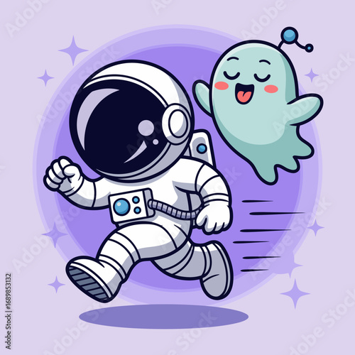 A whimsical scene featuring an astronaut in a spacesuit joyfully running with a cute ghost, perfect for capturing the fun and adventurous spirit of space exploration and friendship.