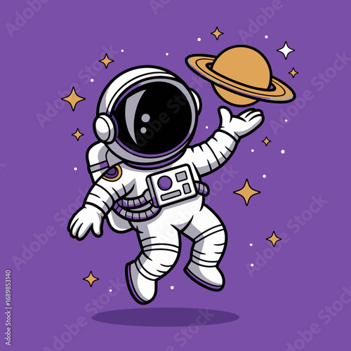 This playful depiction showcases an astronaut joyfully tossing a stylized planet in the cosmos, symbolizing curiosity and wonder in the animated vibe of outer space imagination.